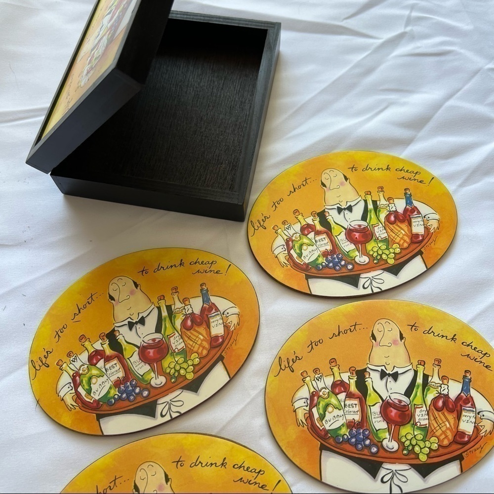 Tracy Flickinger Mud Pie Italian Bartender Coasters with Wood Box